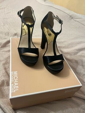 Michael Kors Black Satin T-Strap Platform Heels